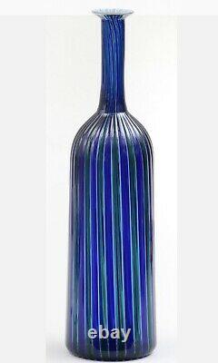 VENINI Murano Canne Verticali Glass Bottle Vase Blue Striped Signed