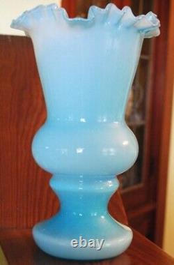 VERY RARE Vtg Fenton BLUE OVERLAY Huge 11 Flower Vase CRIMPED EDGE Pale Aqua