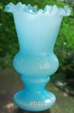 VERY RARE Vtg Fenton BLUE OVERLAY Huge 11 Flower Vase CRIMPED EDGE Pale Aqua