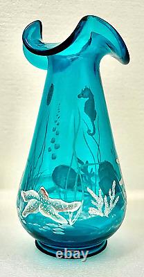 VHTF FentonTURQUOISE SEA LIFE SEAHORSE NAUTICAL VASEQVC. 100th Anniversary