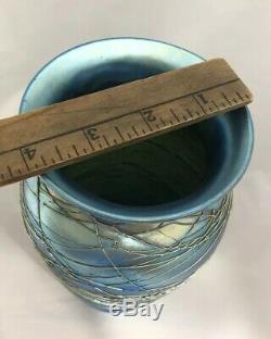 VICTOR DURAND Threaded Art Glass Vase BLUE IRIDESCENT Signed