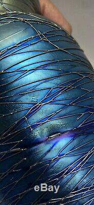 VICTOR DURAND Threaded Art Glass Vase BLUE IRIDESCENT Signed