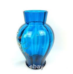VICTORIAN ART GLASS BLUE PANELED MULTICOLOR ENAMEL FLOWER 8 1/4 VASE 1920's
