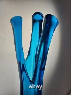 VIKING Turquoise Blue Glass Vintage 3 Foil Swung Flair Vase Hard to Find MCM 12