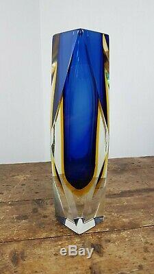 VINTAGE 60's BLUE ORANGE FLAVIO POLI FACETED SOMMERSO MURANO GLASS VASE BOWL