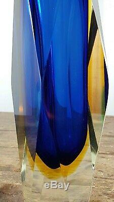VINTAGE 60's BLUE ORANGE FLAVIO POLI FACETED SOMMERSO MURANO GLASS VASE BOWL