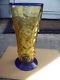 VINTAGE BLENKO LARGE TEXTURED COBALT BLUE/YELLOW WithLABEL VASE 13IN. TALL