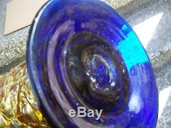 VINTAGE BLENKO LARGE TEXTURED COBALT BLUE/YELLOW WithLABEL VASE 13IN. TALL