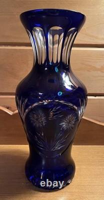 VINTAGE BOHEMIAN COBALT BLUE/ CUT TO CLEAR GLASS VASE Tall 11.5