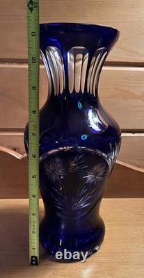 VINTAGE BOHEMIAN COBALT BLUE/ CUT TO CLEAR GLASS VASE Tall 11.5