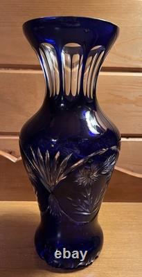 VINTAGE BOHEMIAN COBALT BLUE/ CUT TO CLEAR GLASS VASE Tall 11.5