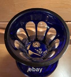 VINTAGE BOHEMIAN COBALT BLUE/ CUT TO CLEAR GLASS VASE Tall 11.5