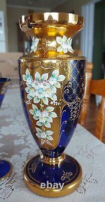 VINTAGE Bohemian Cobalt Blue Glass Wine Decanter Long Stem Glass And Lg Vase