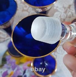 VINTAGE Bohemian Cobalt Blue Glass Wine Decanter Long Stem Glass And Lg Vase