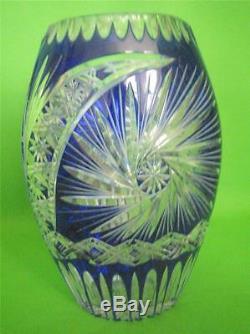 VINTAGE Bohemian Czech Cut to Clear Cobalt Crystal 11 Tall Vase