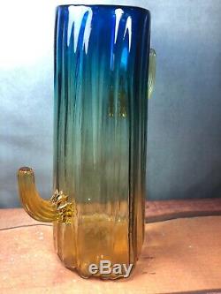 VINTAGE FUNKY BLENKO CACTUS VASE 11 1/2 Tall Yellow Blue Amber Blown Glass 10