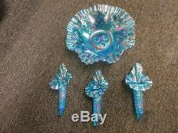 VINTAGE Fenton Blue carnival Opalescent Hobnail 4-piece Flower Vase Epergne