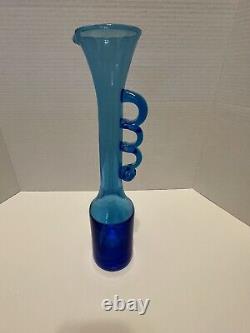 VINTAGE MCM Rainbow Glass Bottle Hand Blown Cobalt Blue 13 Applied Handle