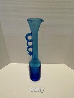 VINTAGE MCM Rainbow Glass Bottle Hand Blown Cobalt Blue 13 Applied Handle