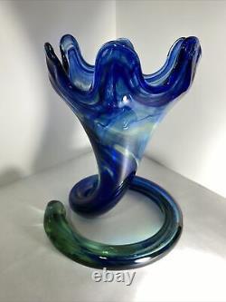 VINTAGE MURANO Style HAND BLOWN Trumpet COIL PEDESTAL Blue ART GLASS VASE 9x7.5