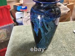 VINTAGE Rick Satava Signed Hand Blown Glass Vase Blue Swirl W-42