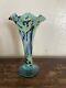 VINTAGE handmade 1920's Blue Glass Yellow Vase 6.5 Pontil Mark Yellow Wavy