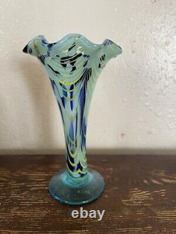 VINTAGE handmade 1920's Blue Glass Yellow Vase 6.5 Pontil Mark Yellow Wavy