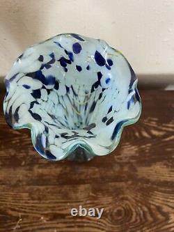 VINTAGE handmade 1920's Blue Glass Yellow Vase 6.5 Pontil Mark Yellow Wavy