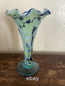 VINTAGE handmade 1920's Blue Glass Yellow Vase 6.5 Pontil Mark Yellow Wavy