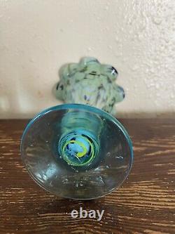 VINTAGE handmade 1920's Blue Glass Yellow Vase 6.5 Pontil Mark Yellow Wavy