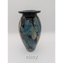 VST Michael Signed 2008 Studio Art Glass Vase Swirled Blue Black Large 9