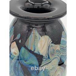 VST Michael Signed 2008 Studio Art Glass Vase Swirled Blue Black Large 9