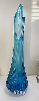 VTG 23 LE Smith Ribbed Swung Glass Vase Bright Blue 6.5 Wide 4 at Base