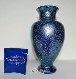 VTG 9 Orient & Flume Art Glass Vase 1980 Peacock Feather Spider Webbing Blue