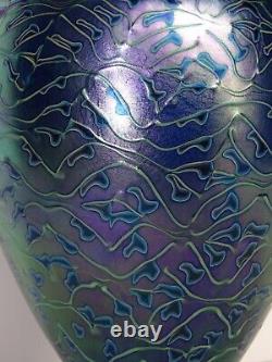 VTG 9 Orient & Flume Art Glass Vase 1980 Peacock Feather Spider Webbing Blue