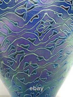 VTG 9 Orient & Flume Art Glass Vase 1980 Peacock Feather Spider Webbing Blue