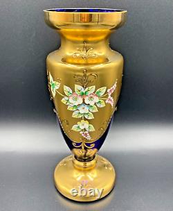 VTG Bohemian Art Glass Vase Cobalt Blue Gold Gilt Enamelled Flowers Design 8.5in