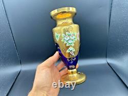 VTG Bohemian Art Glass Vase Cobalt Blue Gold Gilt Enamelled Flowers Design 8.5in