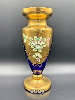 VTG Bohemian Art Glass Vase Cobalt Blue Gold Gilt Enamelled Flowers Design 8.5in