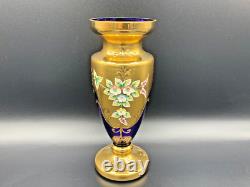 VTG Bohemian Art Glass Vase Cobalt Blue Gold Gilt Enamelled Flowers Design 8.5in