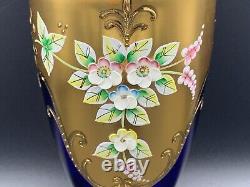 VTG Bohemian Art Glass Vase Cobalt Blue Gold Gilt Enamelled Flowers Design 8.5in