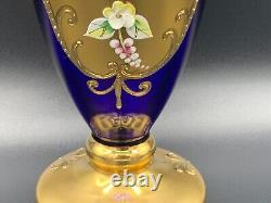 VTG Bohemian Art Glass Vase Cobalt Blue Gold Gilt Enamelled Flowers Design 8.5in