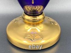 VTG Bohemian Art Glass Vase Cobalt Blue Gold Gilt Enamelled Flowers Design 8.5in