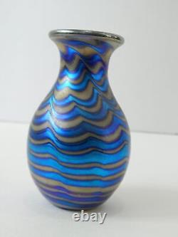 VTG Charles Lotton Iridescent Blue Gold Art Glass Mini Vase 1982 3 5/8 Tall
