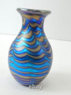 VTG Charles Lotton Iridescent Blue Gold Art Glass Mini Vase 1982 3 5/8 Tall
