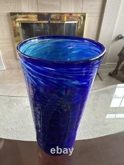 VTG HUGE COBALT BLUE 2003 Signed JOSEPH REINIK ART GLASS VASE CROCODILE TEXTURE
