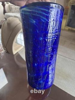 VTG HUGE COBALT BLUE 2003 Signed JOSEPH REINIK ART GLASS VASE CROCODILE TEXTURE