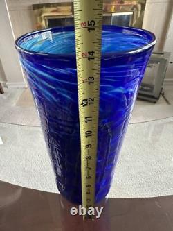 VTG HUGE COBALT BLUE 2003 Signed JOSEPH REINIK ART GLASS VASE CROCODILE TEXTURE