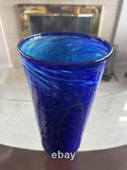 VTG HUGE COBALT BLUE 2003 Signed JOSEPH REINIK ART GLASS VASE CROCODILE TEXTURE
