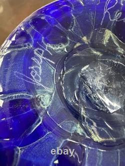 VTG HUGE COBALT BLUE 2003 Signed JOSEPH REINIK ART GLASS VASE CROCODILE TEXTURE